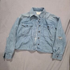 American Eagle Plaid Lined Denim Shirt Jacket Cropped Distressed Blue Womens S